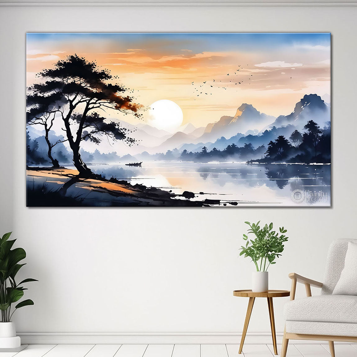 Mountains with tree water color painting Canvas Painting - Nature Art -198