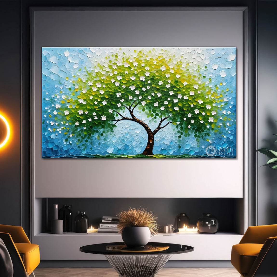 White flower tree in textured background oil painting- Design - Tree-198