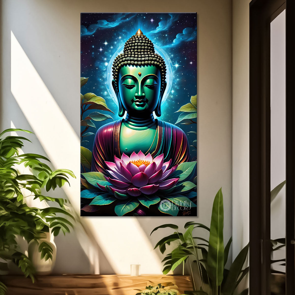 Blue face buddha with lotus and dark texturd oil painting Buddha-V-199