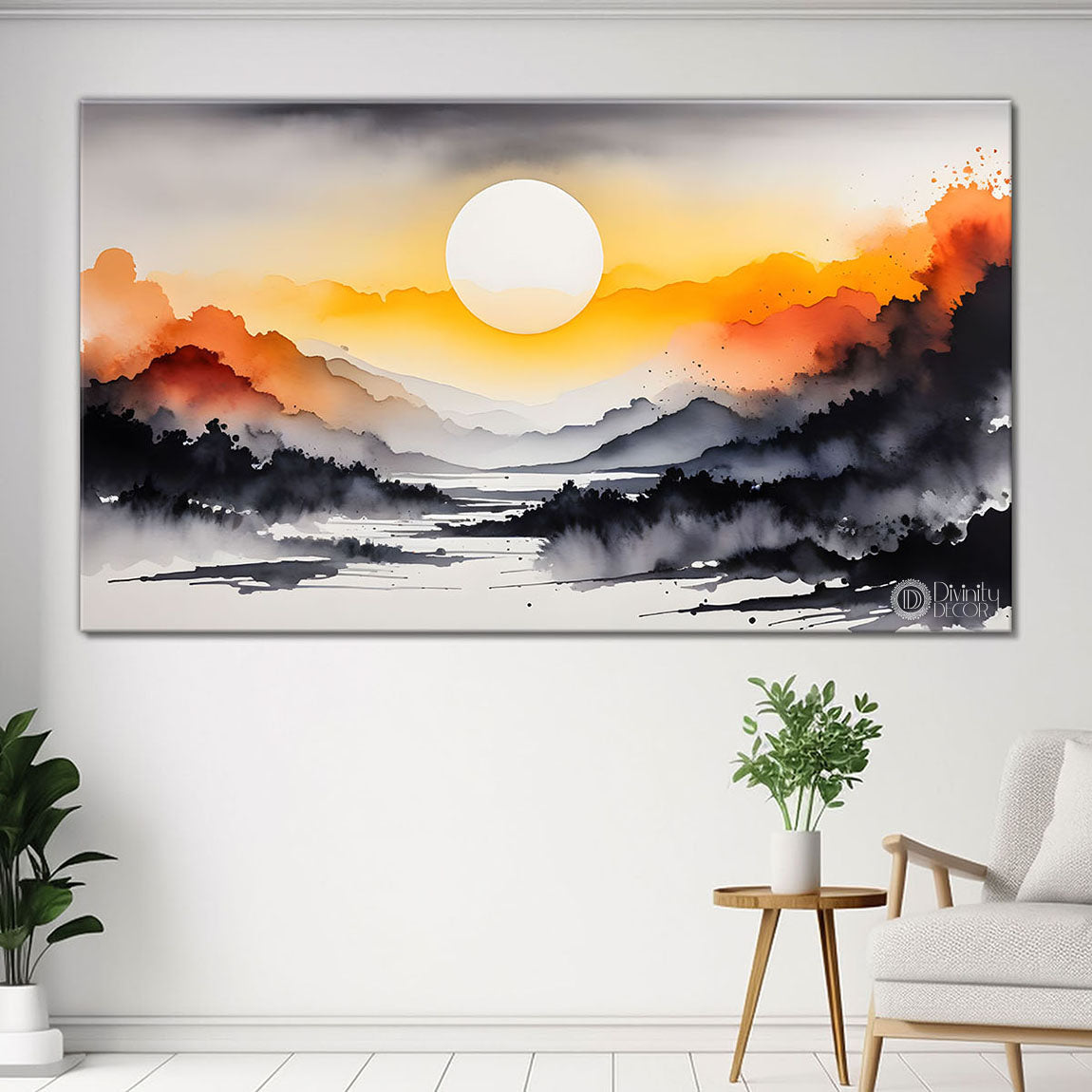 Mountains and sun water color painting Canvas Painting - Nature Art -199