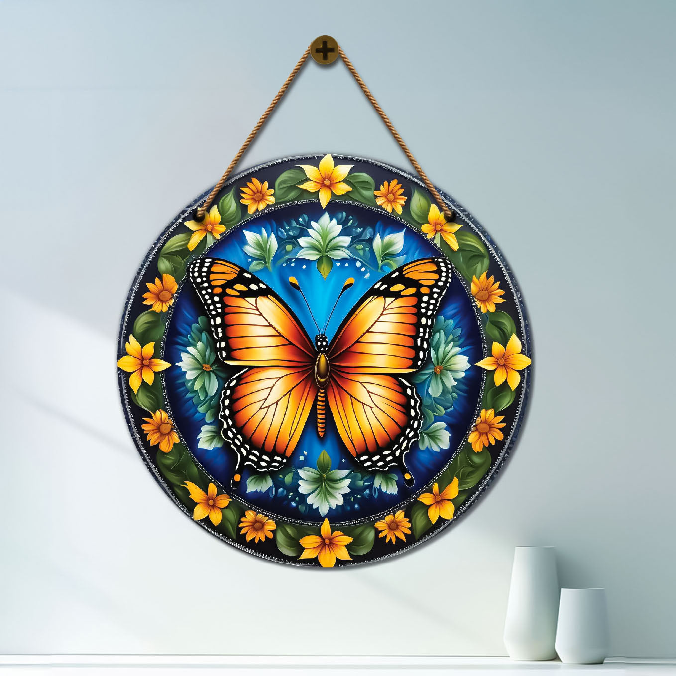 Butterfly in green and floral mandala Round Wooden Wall Hanging for wall Décor - Design - 199