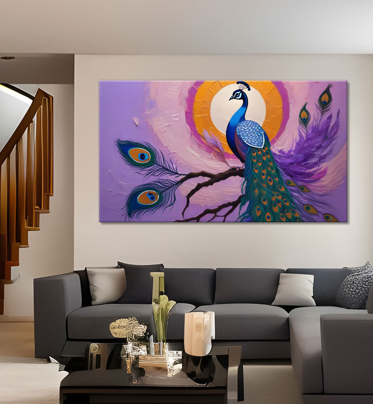 Peacock on branch with purple background modern art Canvas Painting - Design - Peacock-19