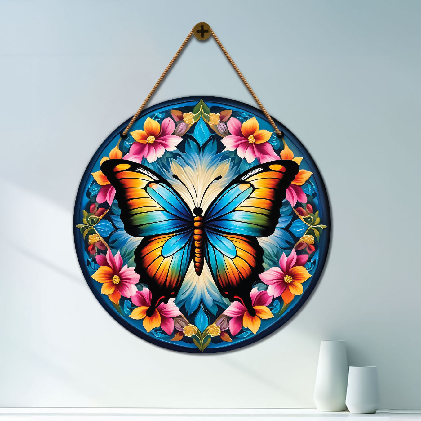 Butterfly in blue and pink mandala Round Wooden Wall Hanging for wall Décor - Design - 200