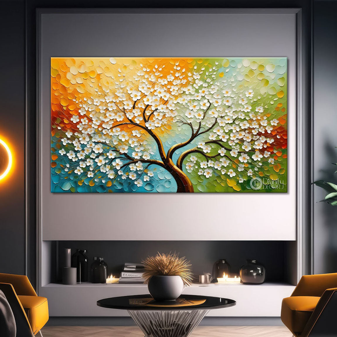 White flower tree in textured background oil painting- Design - Tree-200