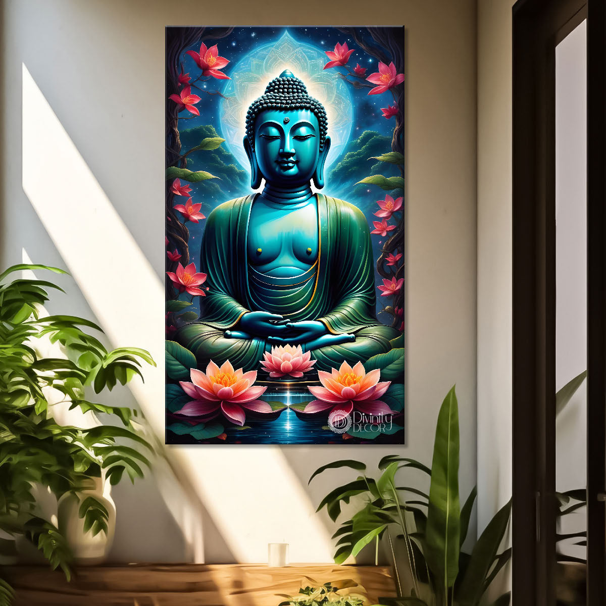 Blue face buddha with lotus and dark texturd oil painting Buddha-V-200