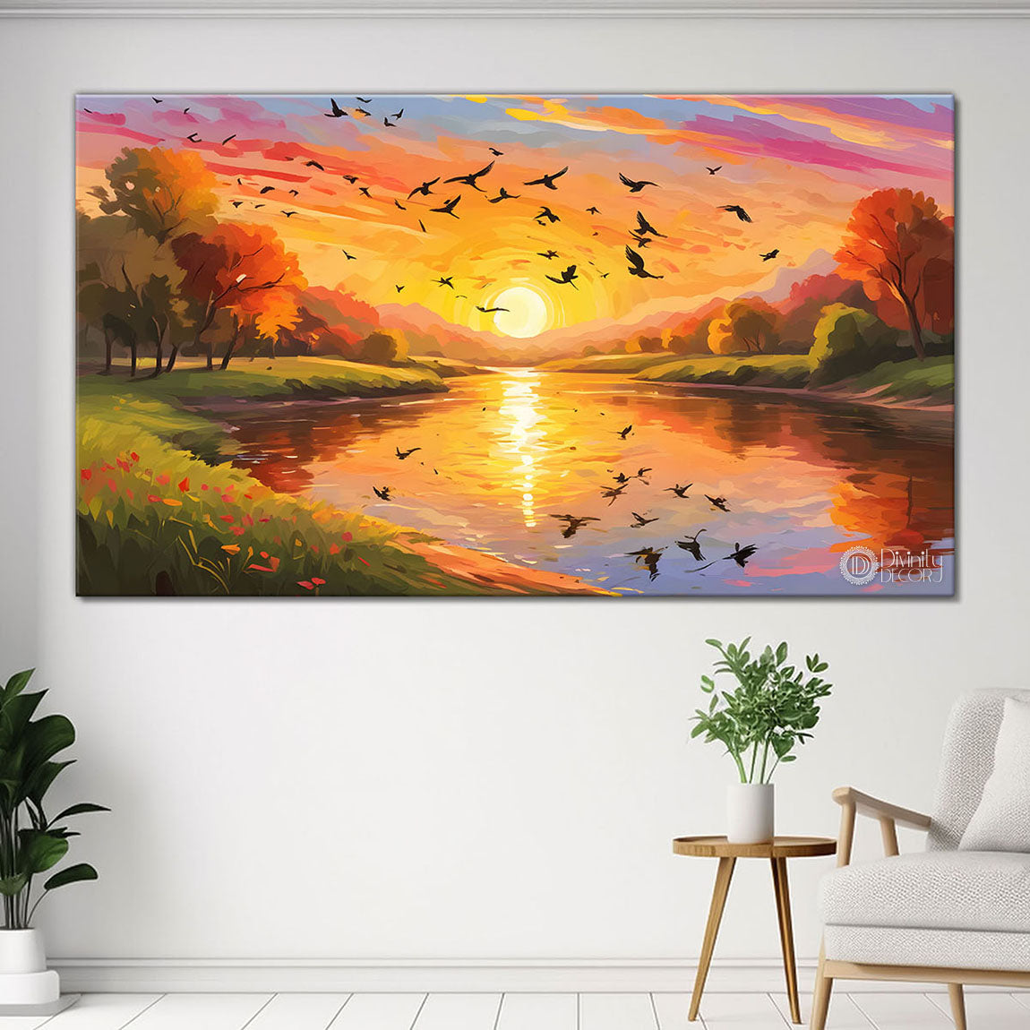 Mountains with bird and sunset painting Canvas Painting - Nature Art -200