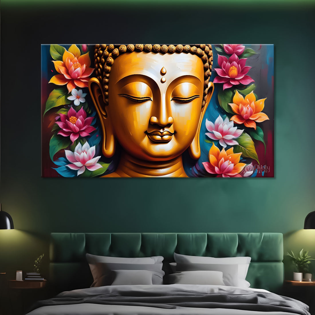 Golden buddha with lotus background painting Canvas Wall Painting - Buddha-201