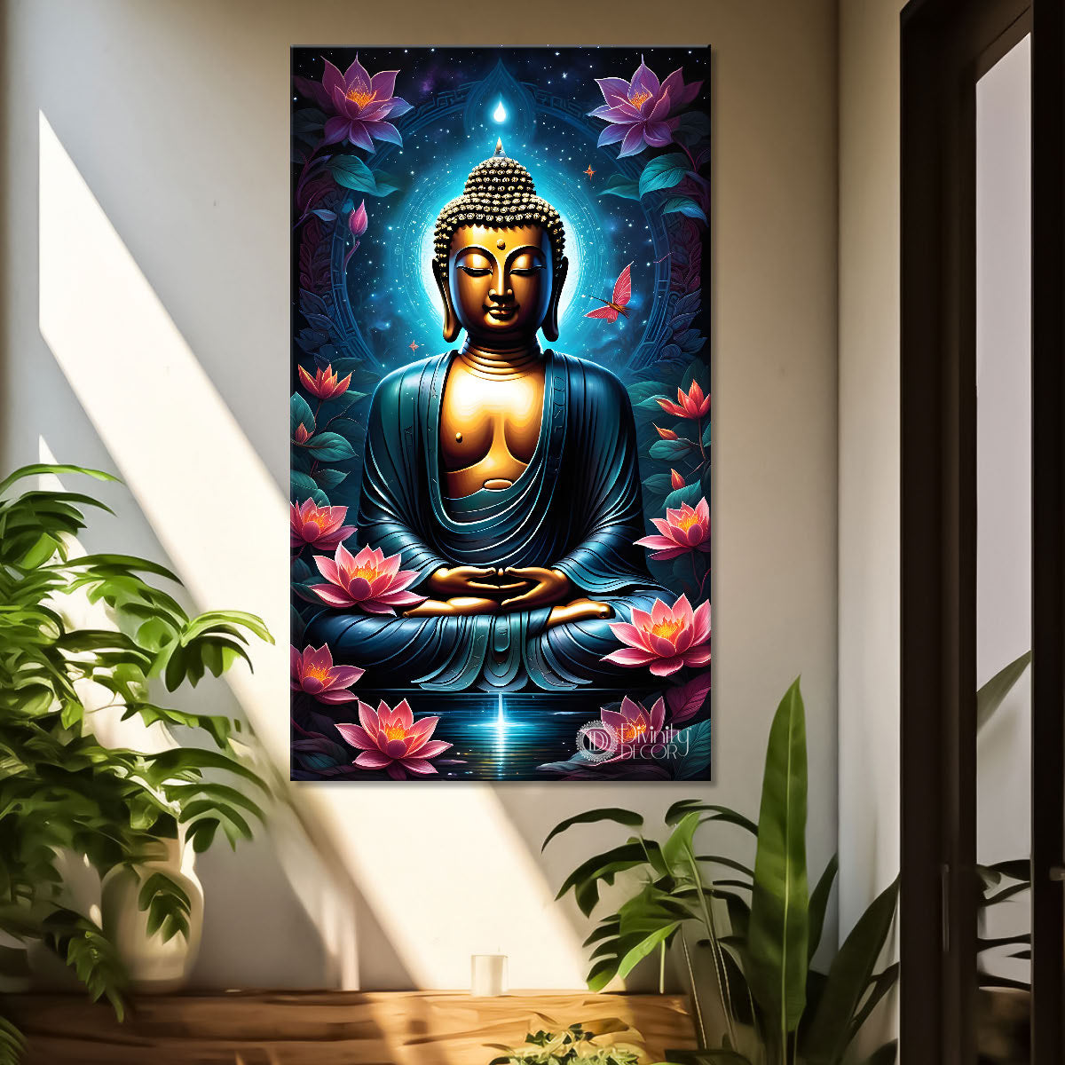 Blue face buddha with lotus and dark texturd oil painting Buddha-V-201