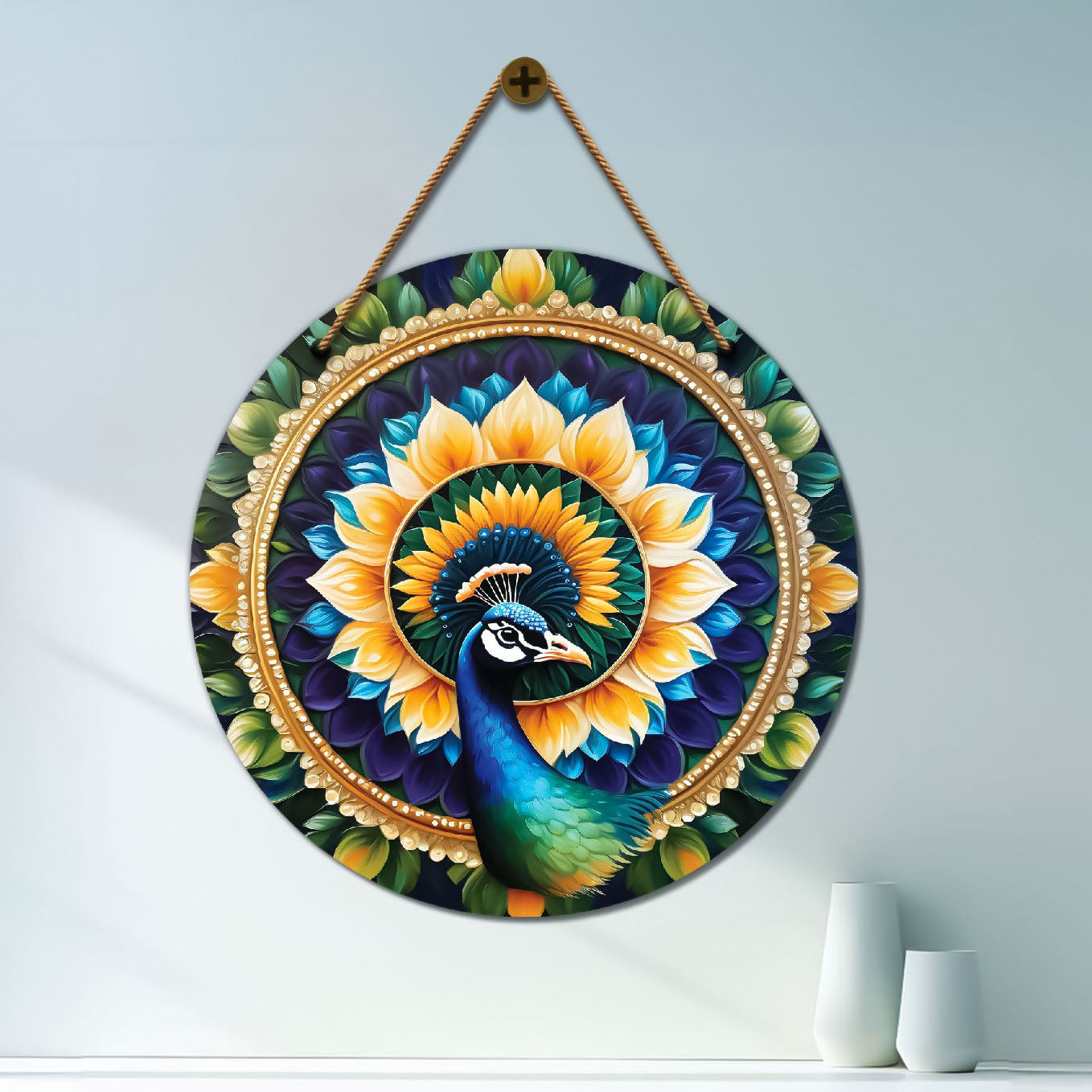 Peacock in blue and yellow mandala Round Wooden Wall Hanging for wall Décor - Design - 201
