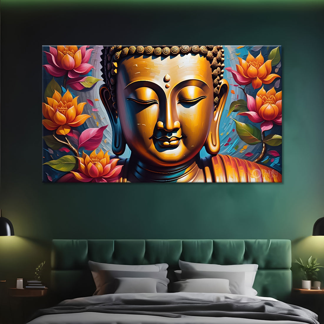 Golden buddha with lotus background painting Canvas Wall Painting - Buddha-202