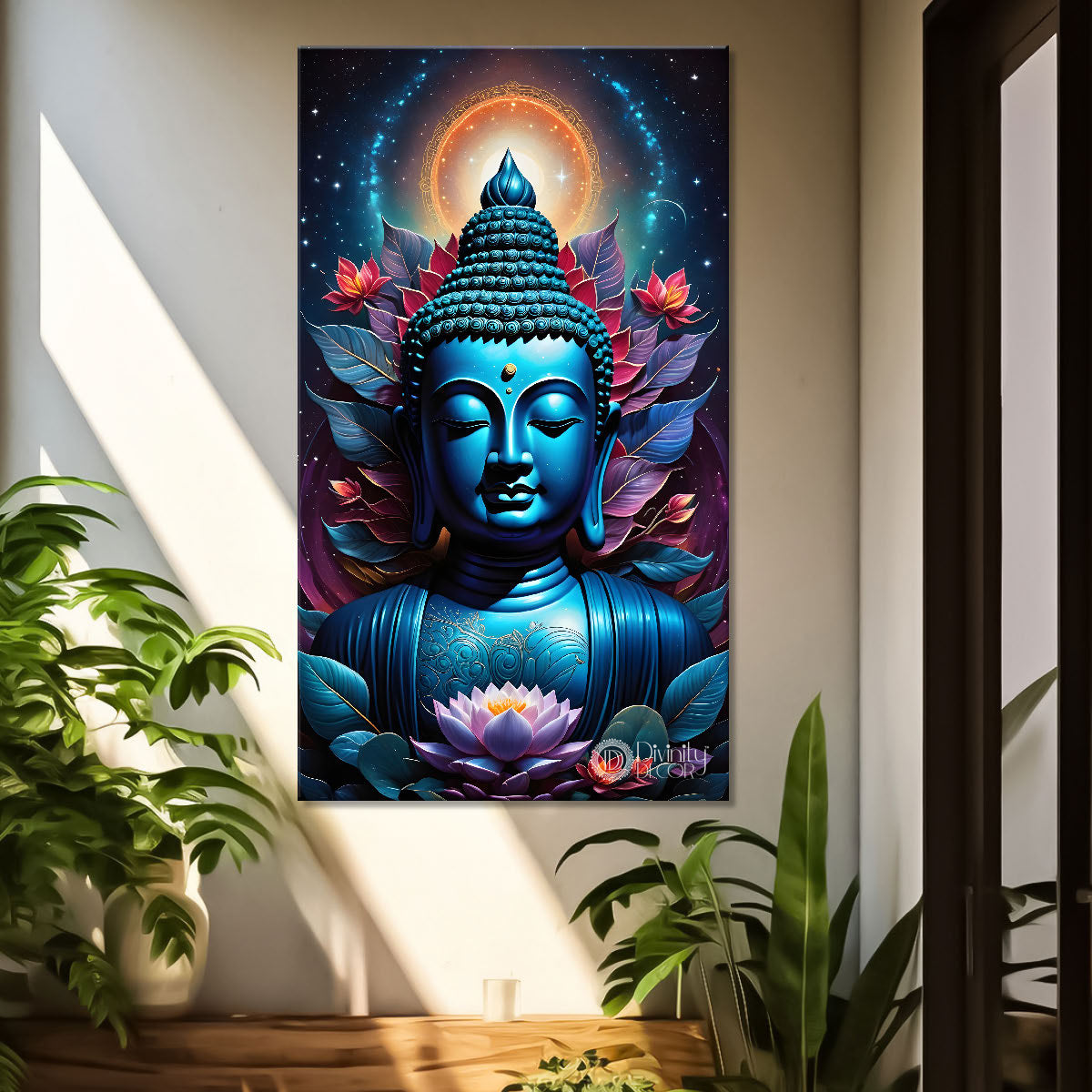 Blue face buddha with lotus and dark texturd oil painting Buddha-V-202