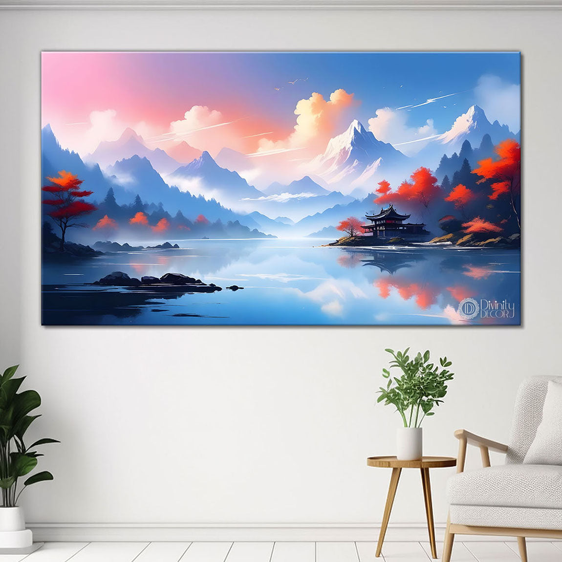 Mountains with clouds and pink trees water color painting Canvas Painting - Nature Art -202