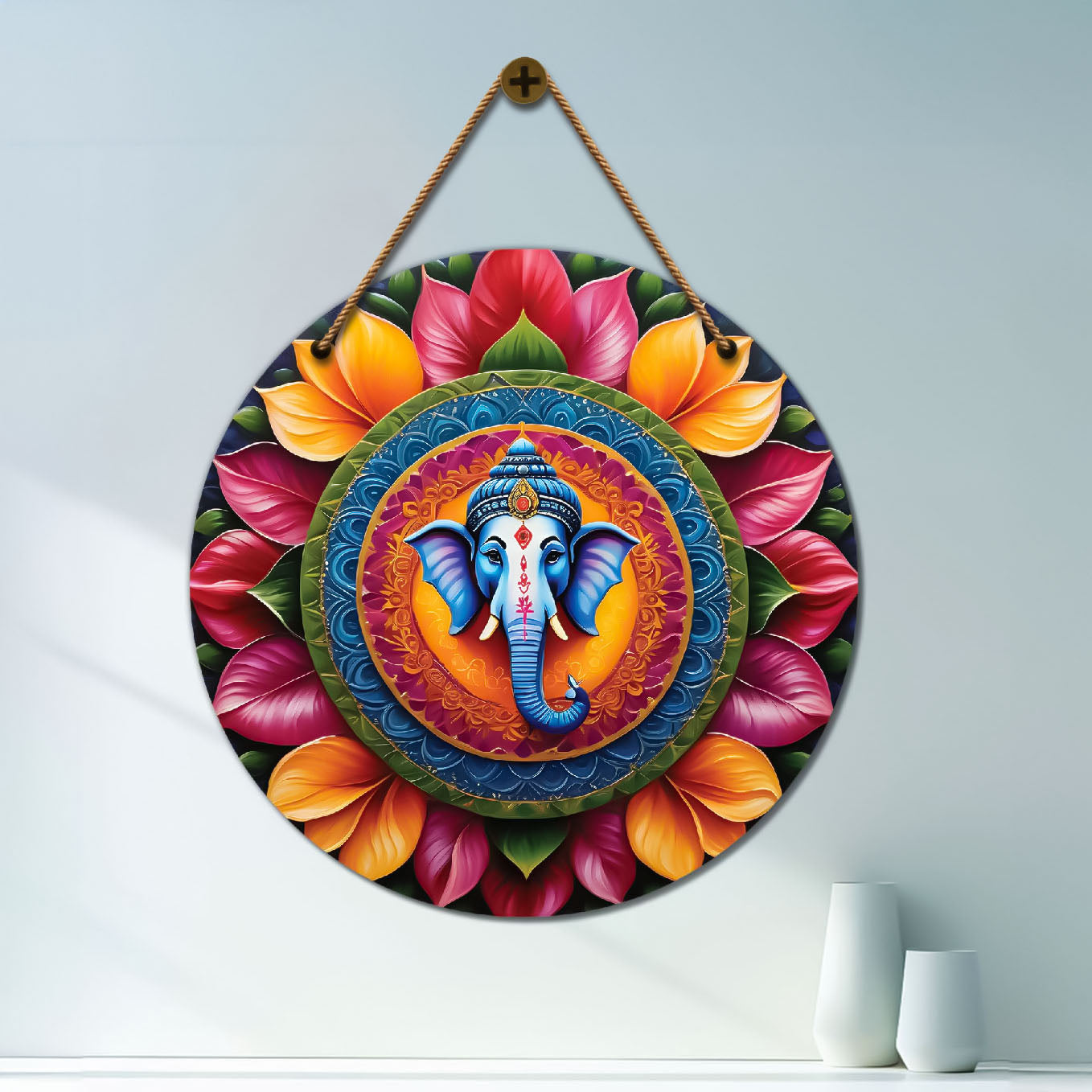 Ganesh Ji in yellow and pink mandala Round Wooden Wall Hanging for wall Décor - Design - 202