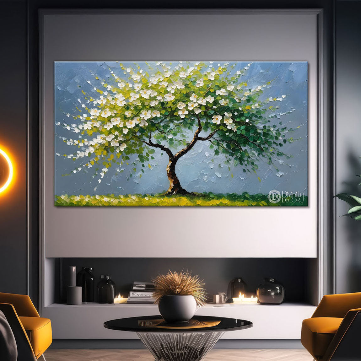 White flower tree in textured background oil painting- Design - Tree-202