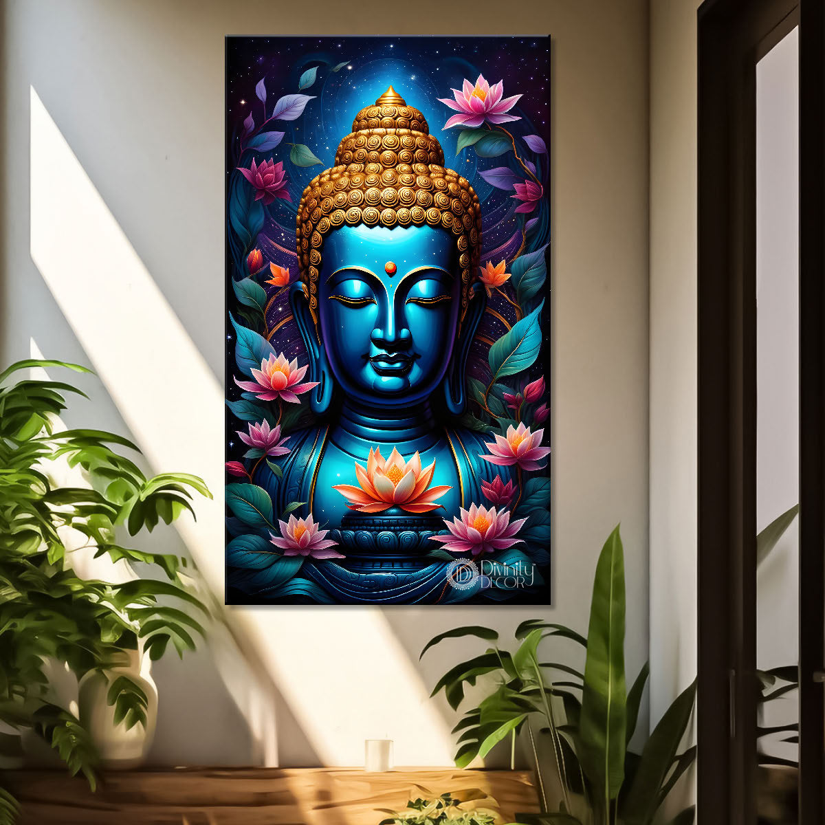 Blue face buddha with lotus and dark texturd oil painting Buddha-V-203