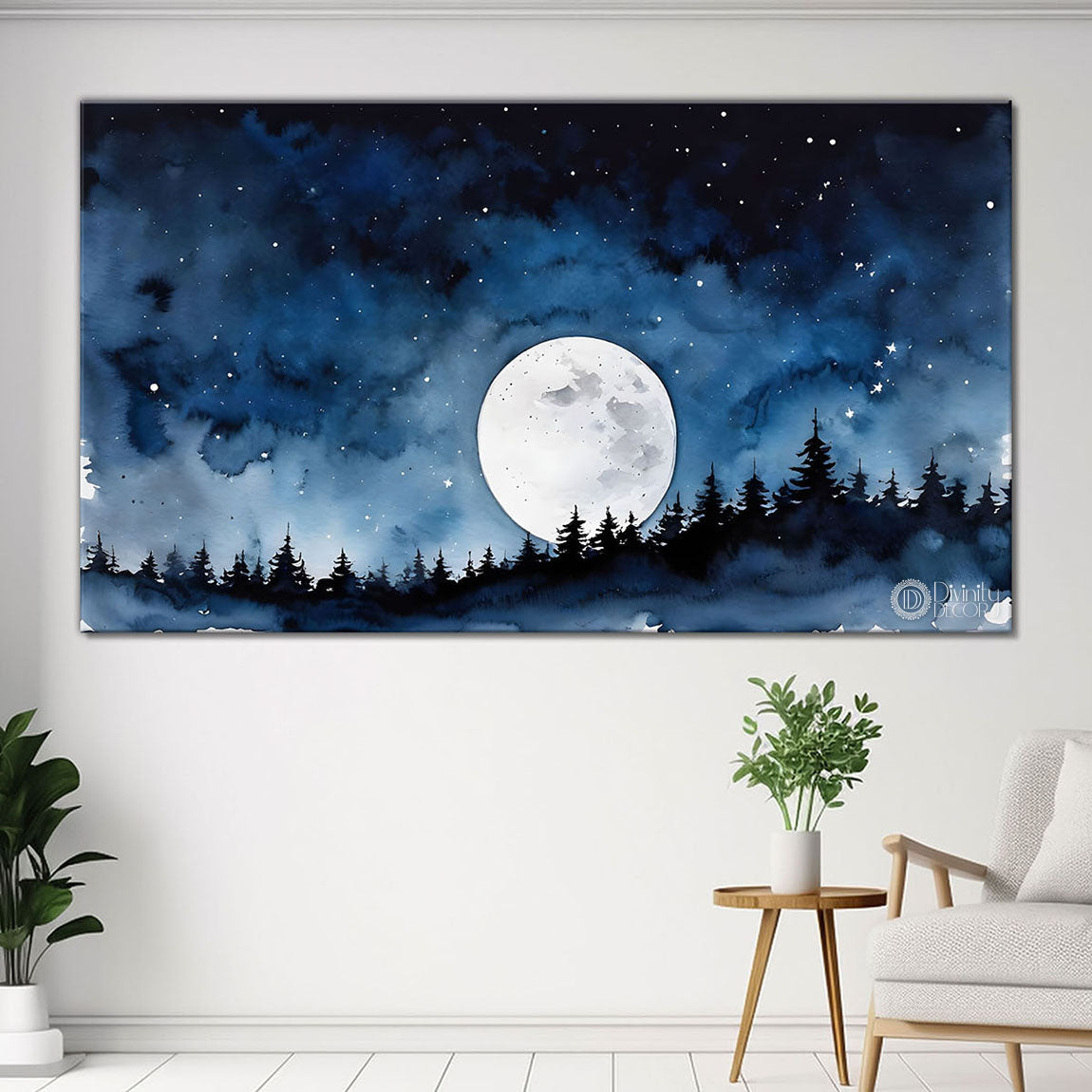 Mountains with tree and moon in textured painting Canvas Painting - Nature Art -203