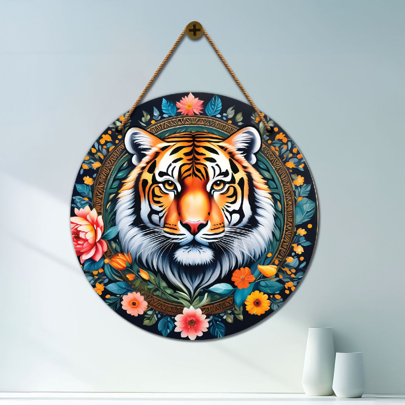 Tiger in green and floral mandala Round Wooden Wall Hanging for wall Décor - Design - 203