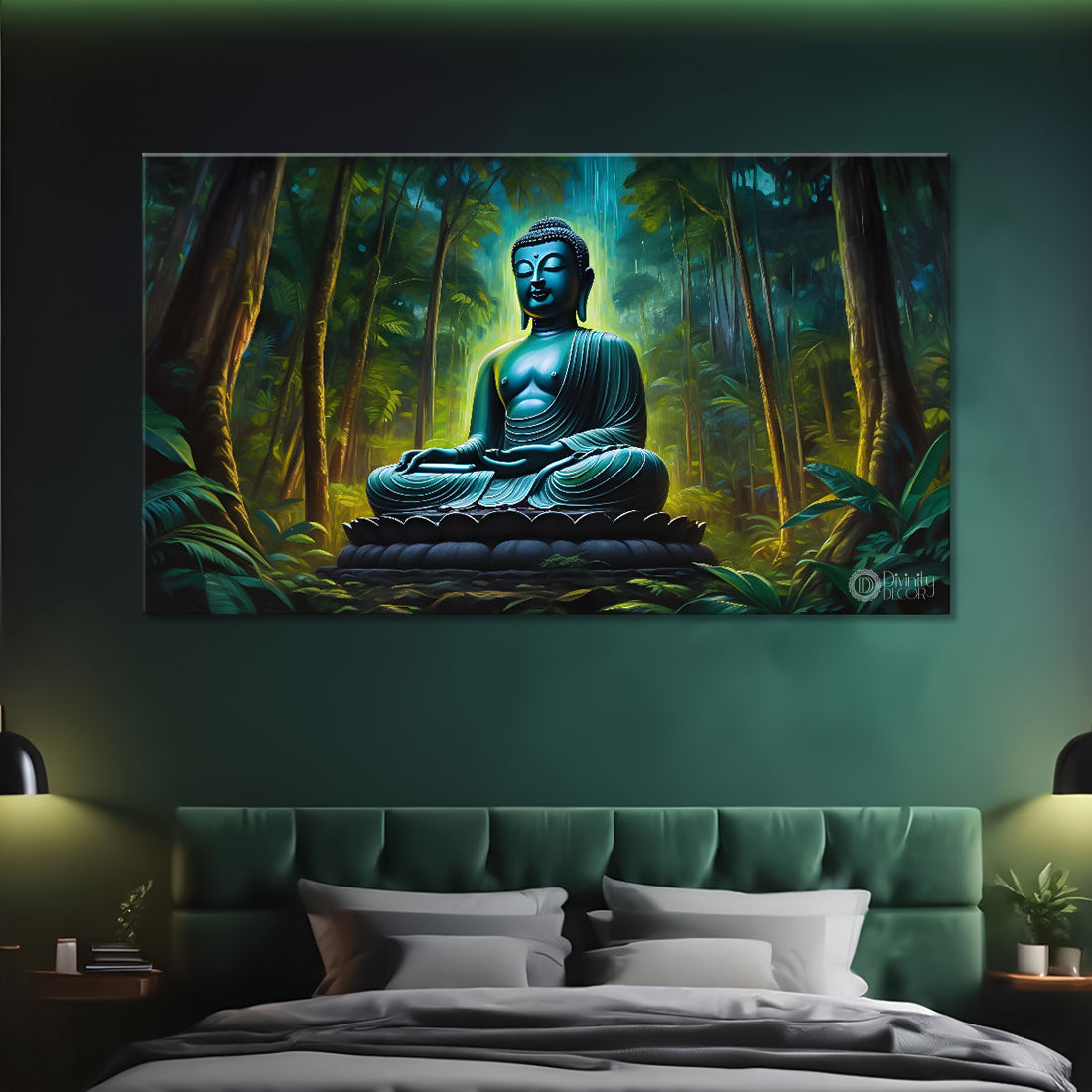 Blue buddha in the jungle background painting Canvas Wall Painting - Buddha-204