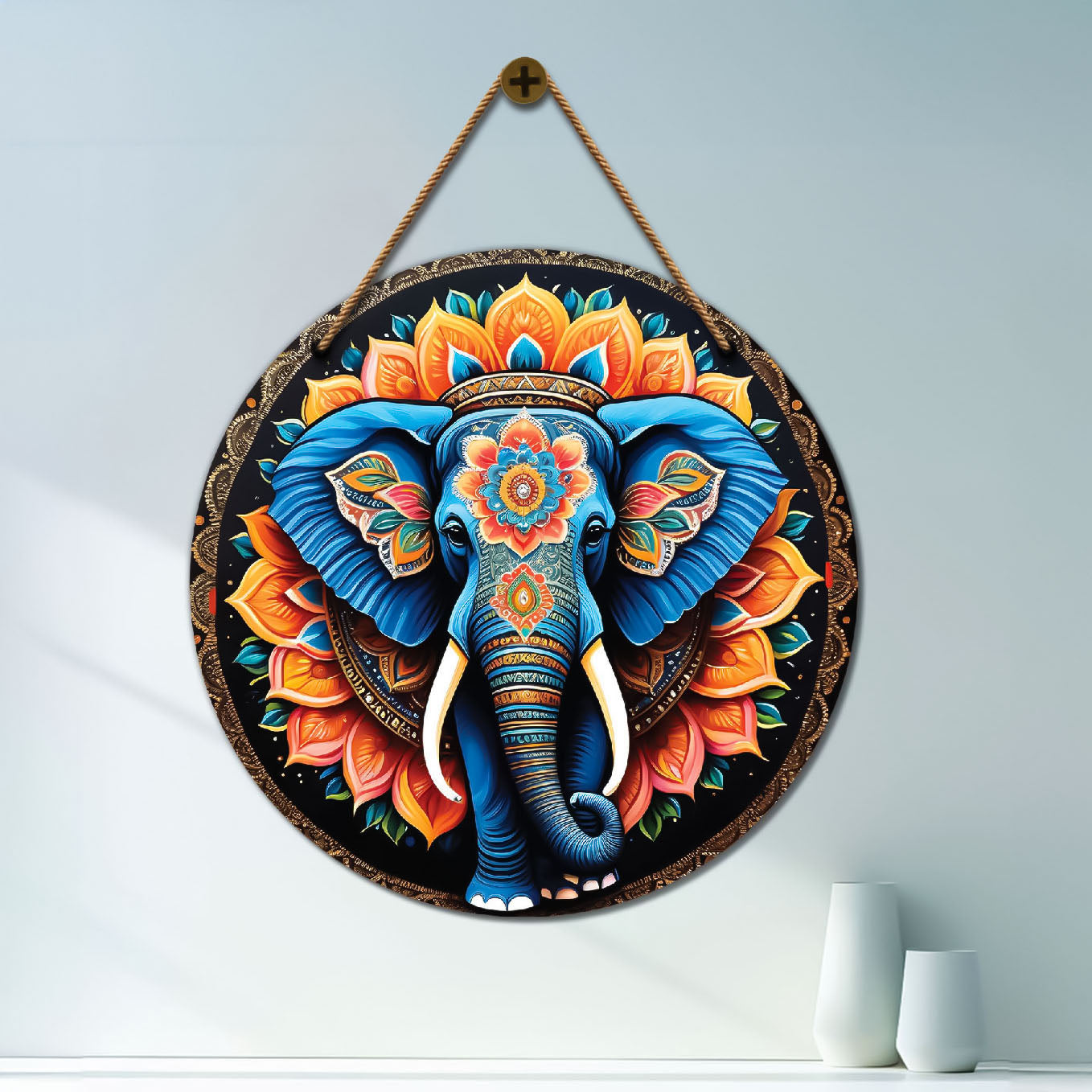 Elephant in orange and black mandala Round Wooden Wall Hanging for wall Décor - Design - 204