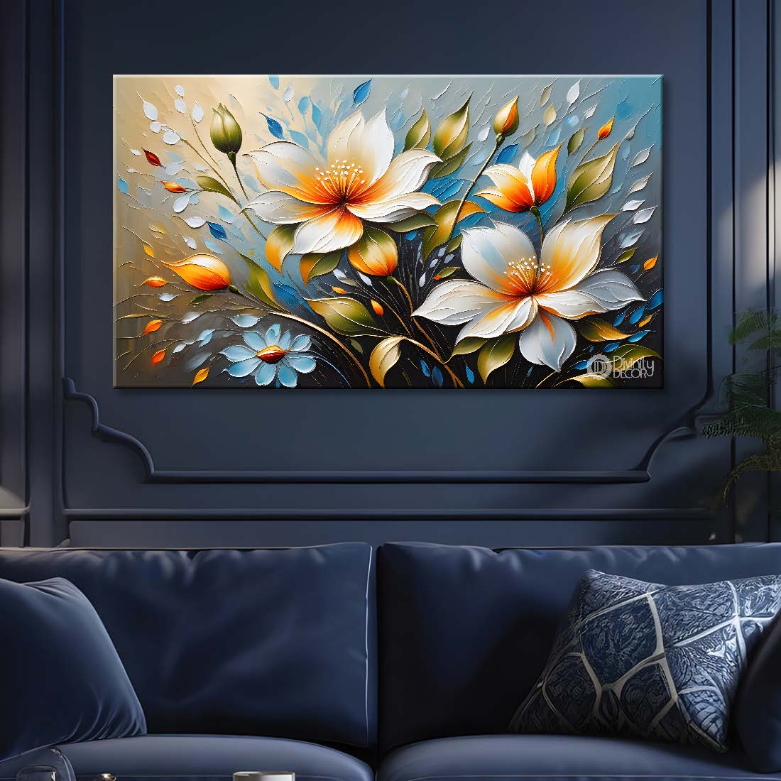 White flowers in blue background- Design - Flower-204