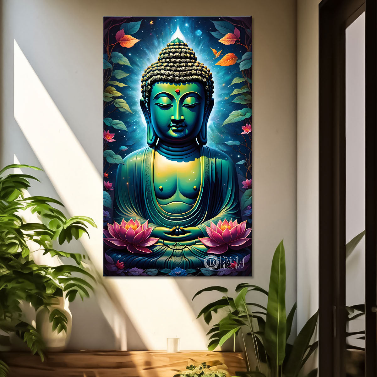 Blue face buddha with lotus and dark texturd oil painting Buddha-V-204