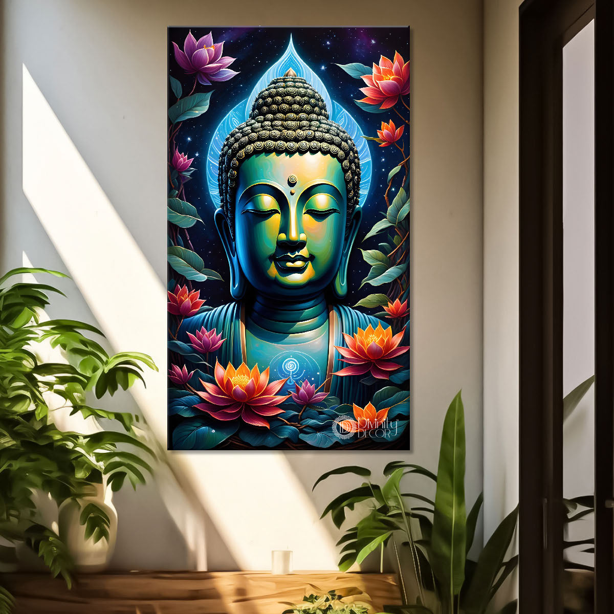 Blue face buddha with lotus and dark texturd oil painting Buddha-V-205