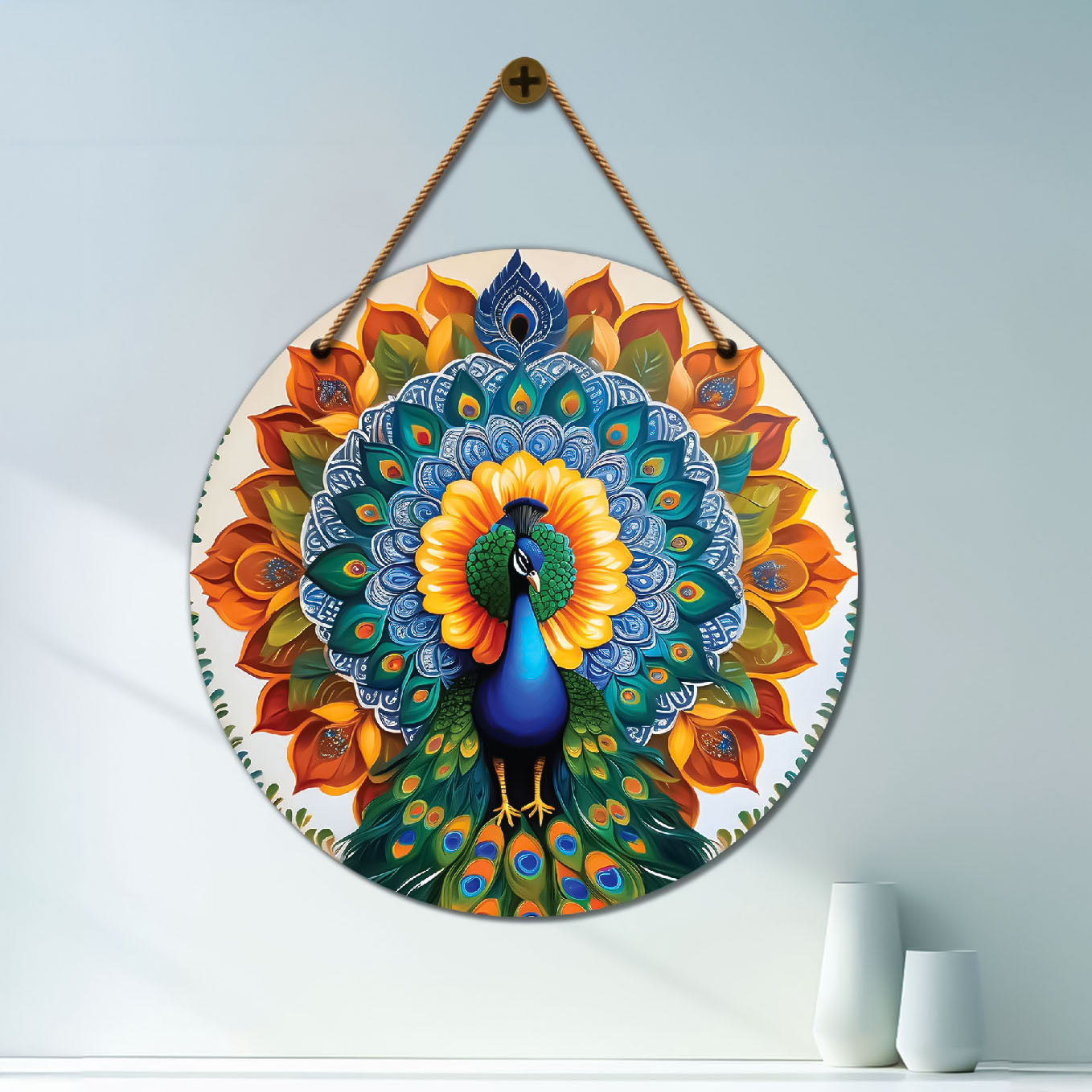 Peacock in blue and orange mandala Round Wooden Wall Hanging for wall Décor - Design - 205
