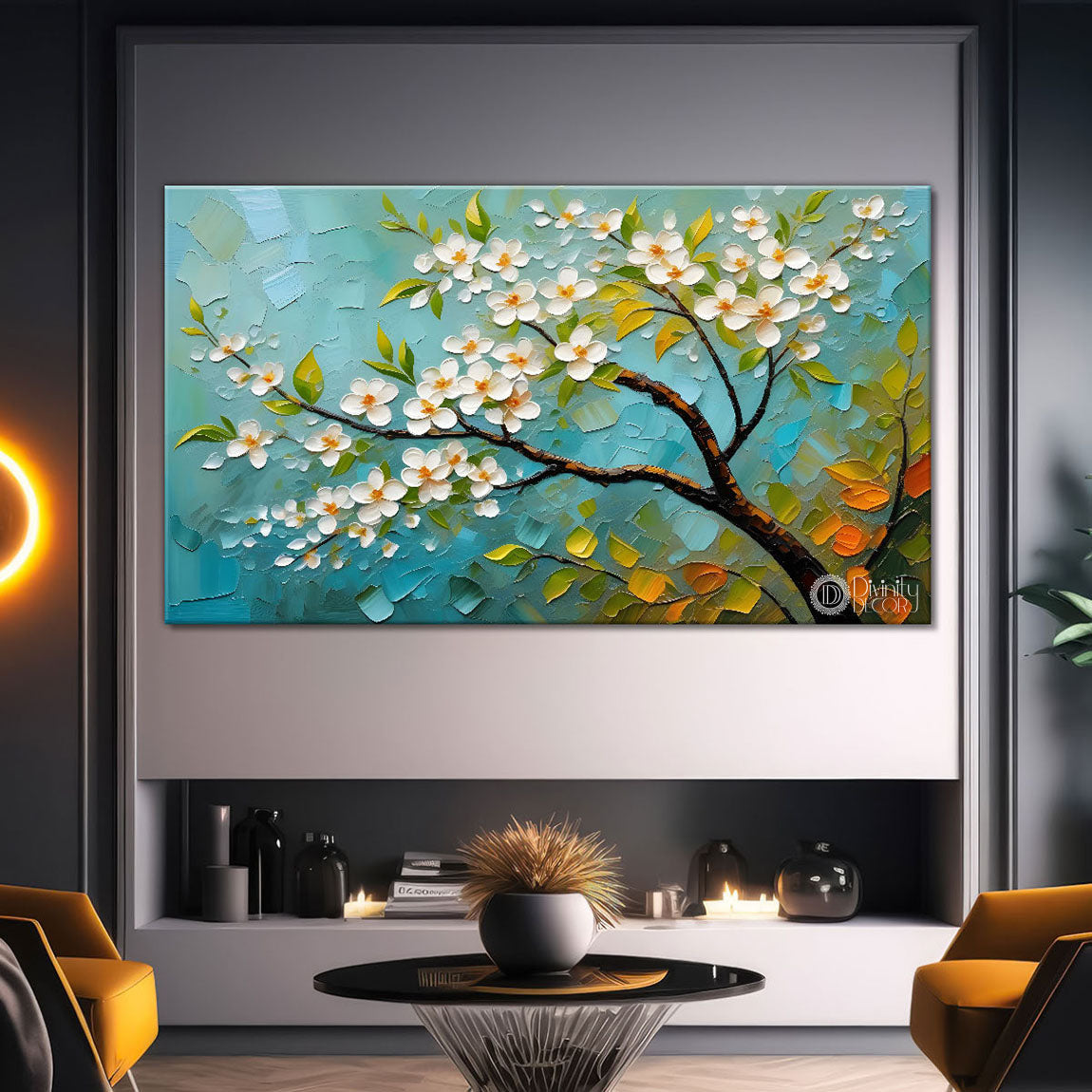 White flower tree in textured background oil painting- Design - Tree-205