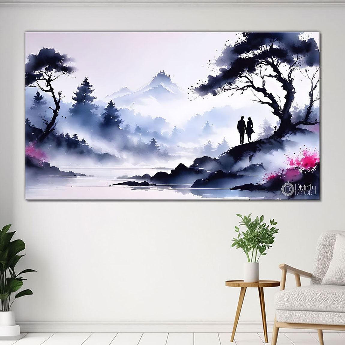 Mountains and trees and pink flowers in water color painting Canvas Painting - Nature Art -205