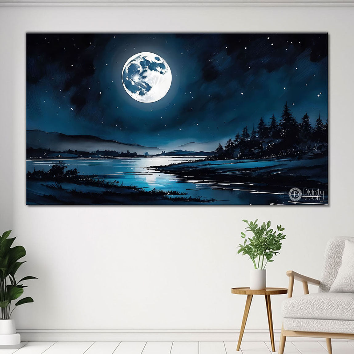 Mountains and river with moon in night painting Canvas Painting - Nature Art -206