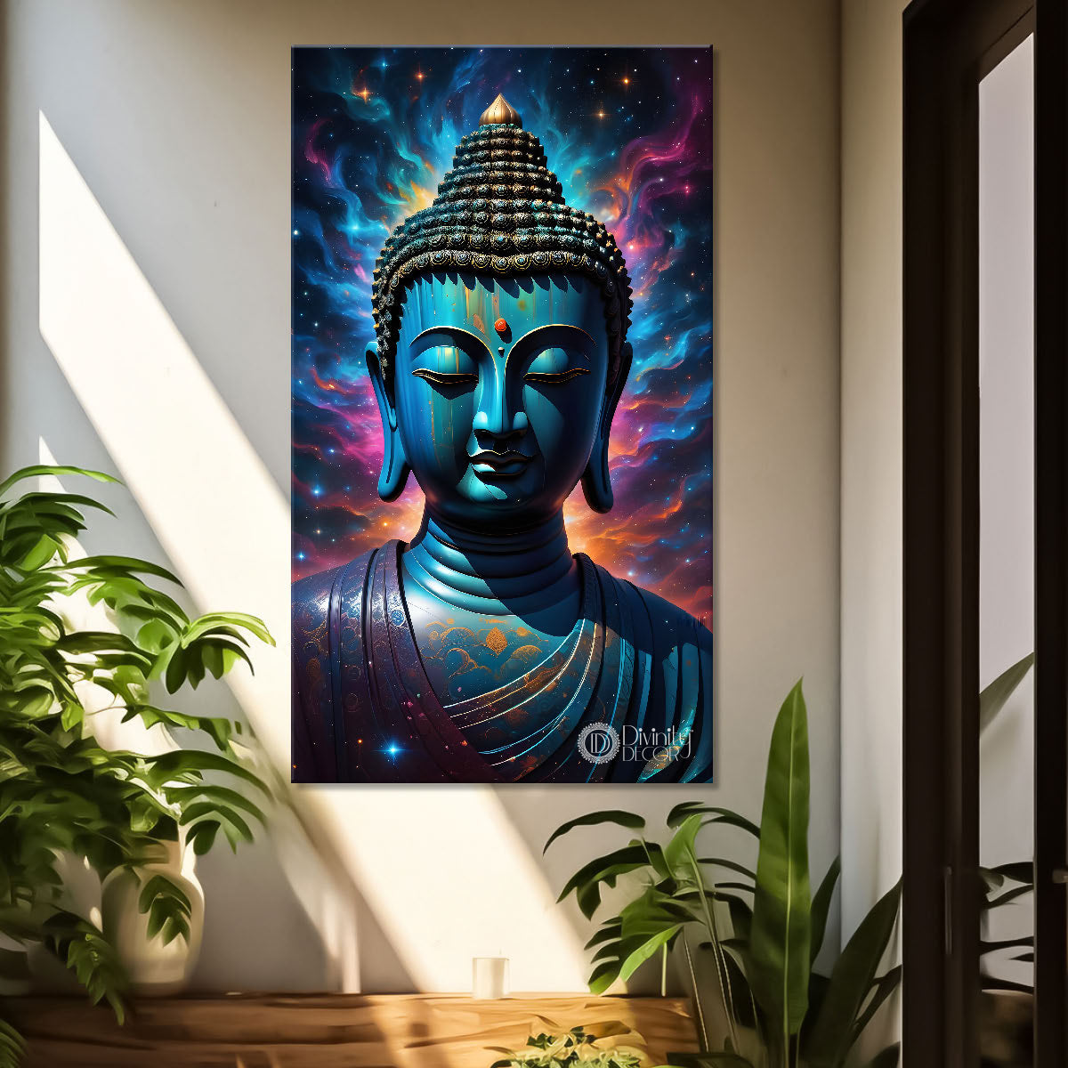 Blue face buddha with lotus and dark texturd oil painting Buddha-V-205