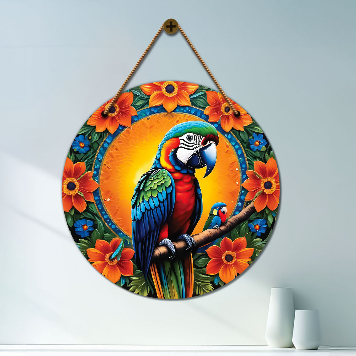 Parrot in green and orange mandala Round Wooden Wall Hanging for wall Décor - Design - 206