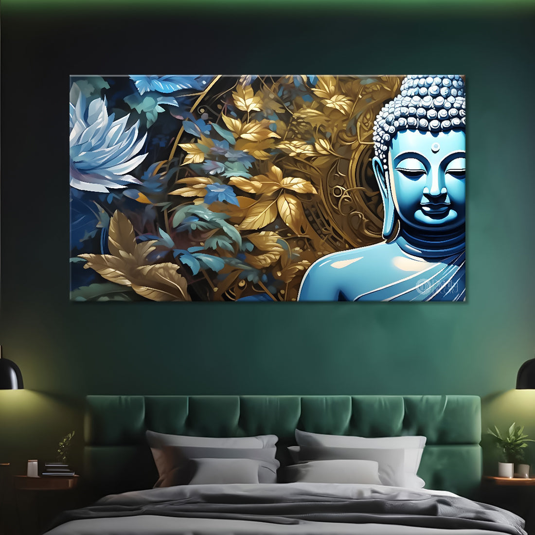Blue buddha with the golden leaves background painting Canvas Wall Painting - Buddha-207