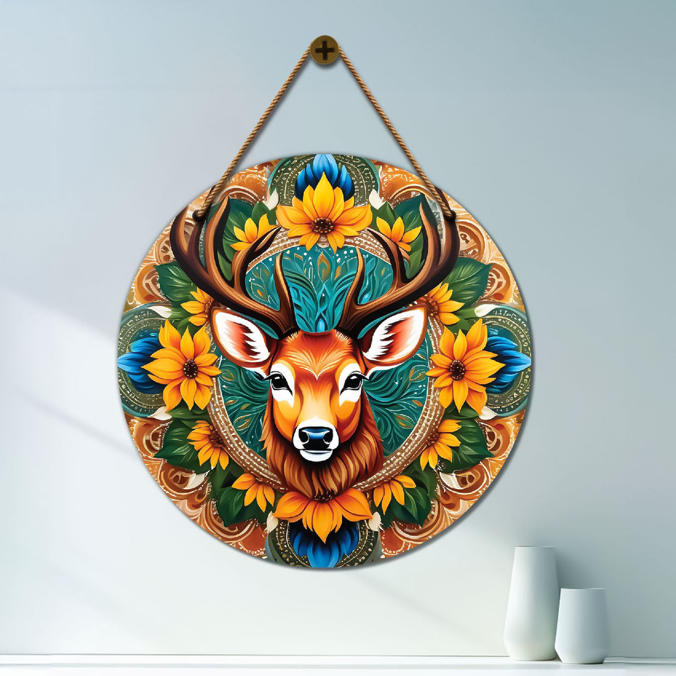 Deer in green and yellow mandala Round Wooden Wall Hanging for wall Décor - Design - 207