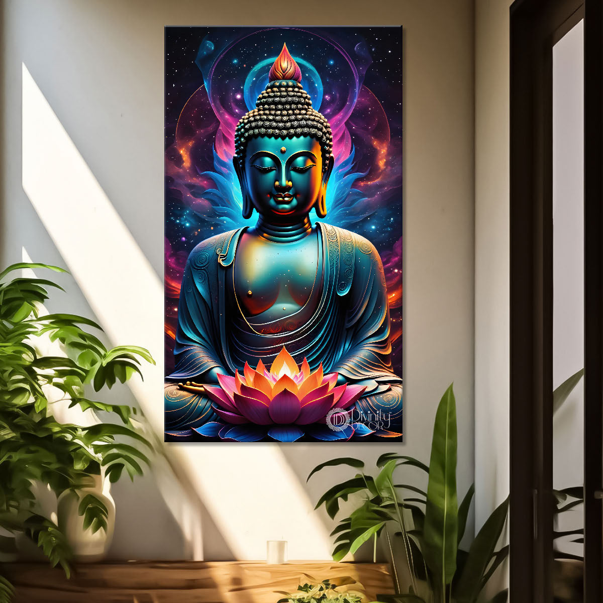 Blue face buddha with lotus and dark texturd oil painting Buddha-V-207
