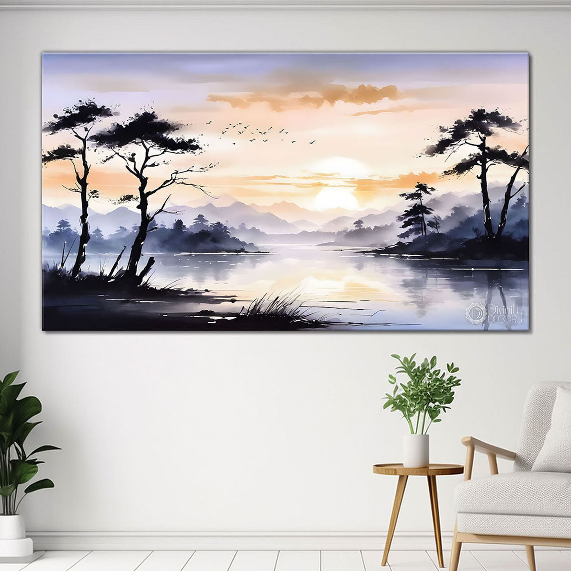 Mountains with clouds and tree in textured water color painting Canvas Painting - Nature Art -207