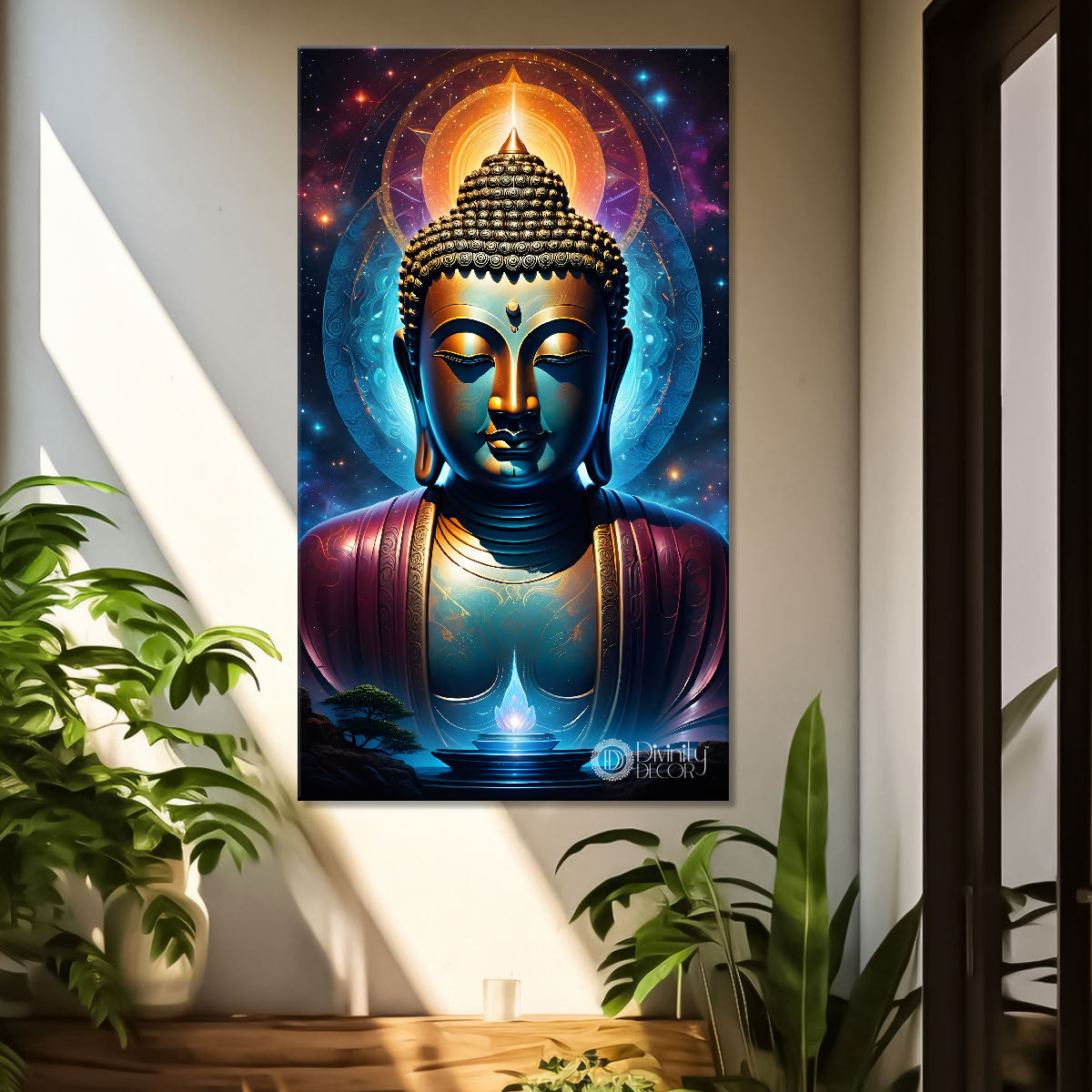 Blue face buddha with lotus and dark texturd oil painting Buddha-V-208