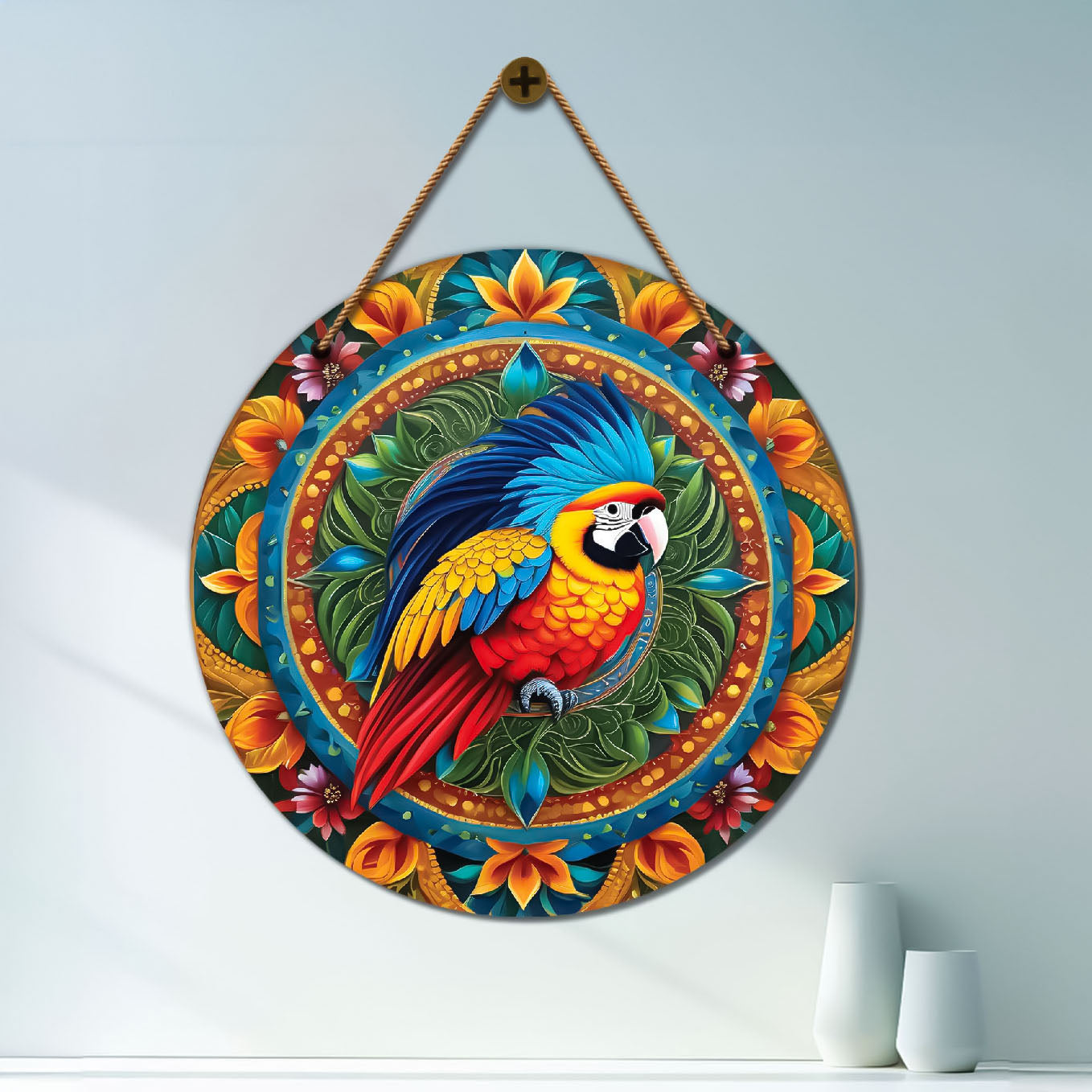 Parrot in green and yellow mandala Round Wooden Wall Hanging for wall Décor - Design - 208