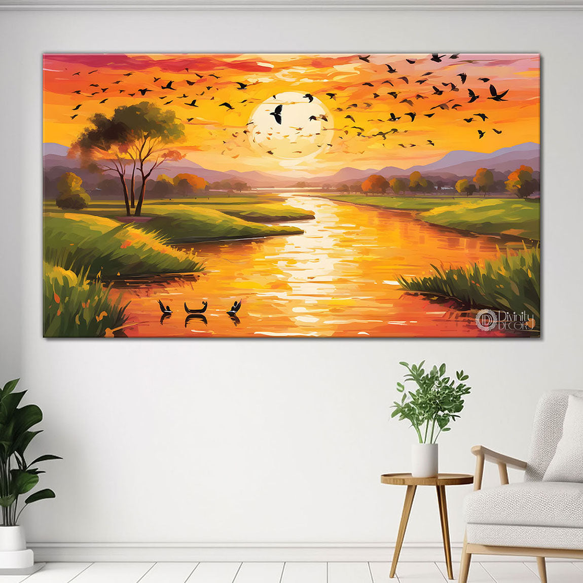 Mountains with greenery , river and bird in sunset painting Canvas Painting - Nature Art -208
