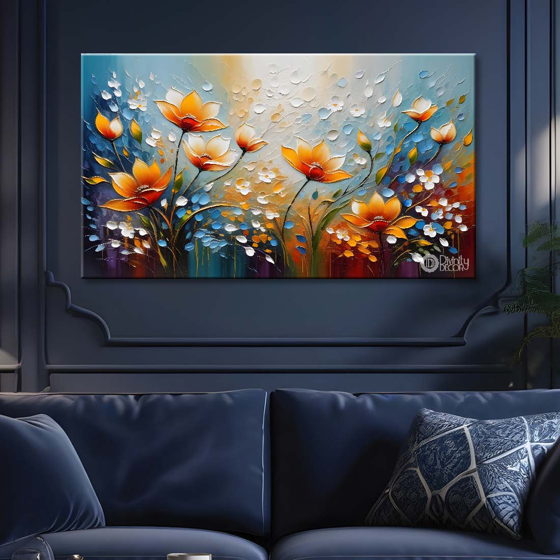 Orange flowers in blue background- Design - Flower-208