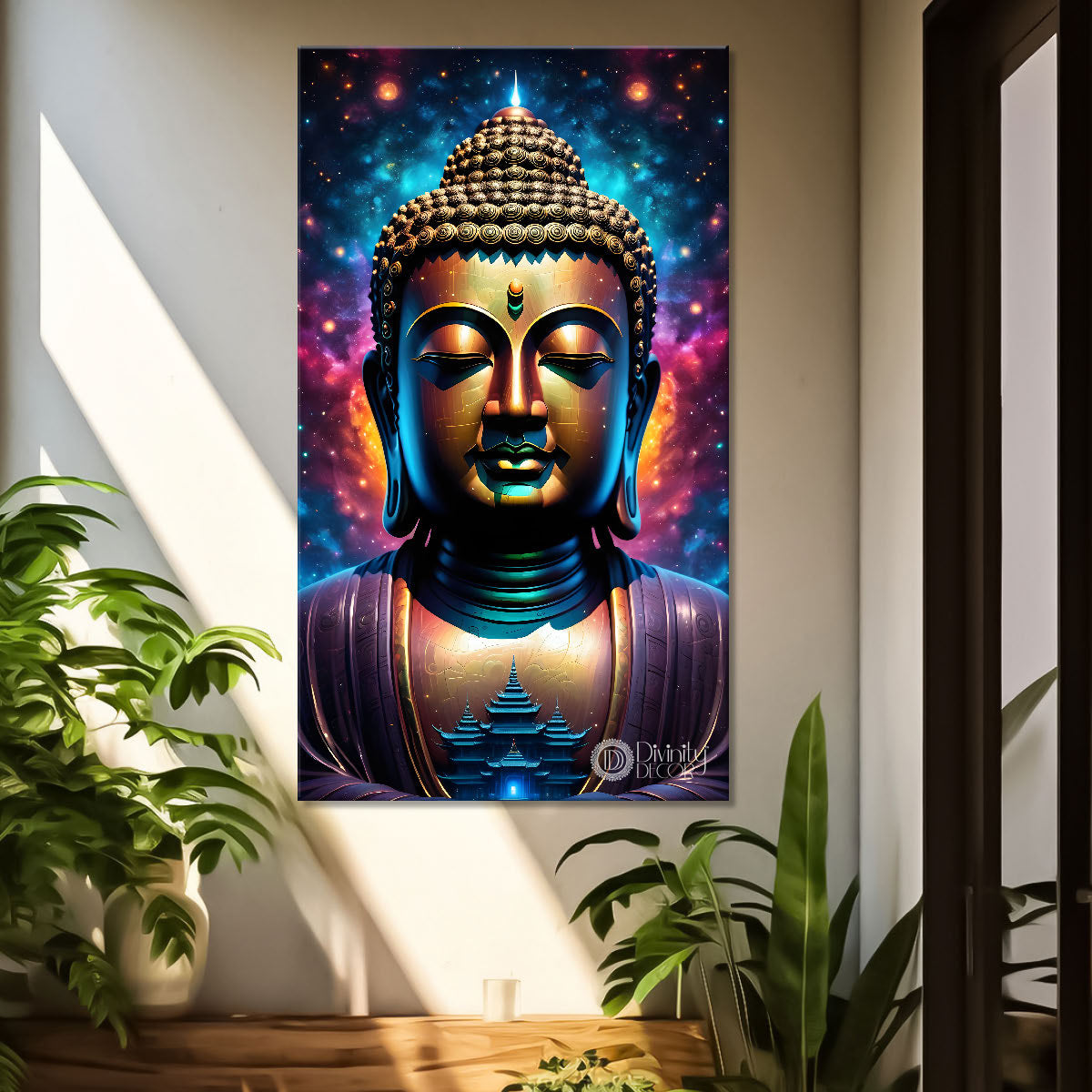 Blue face buddha with colourful and dark texturd oil paintingBuddha-V-209