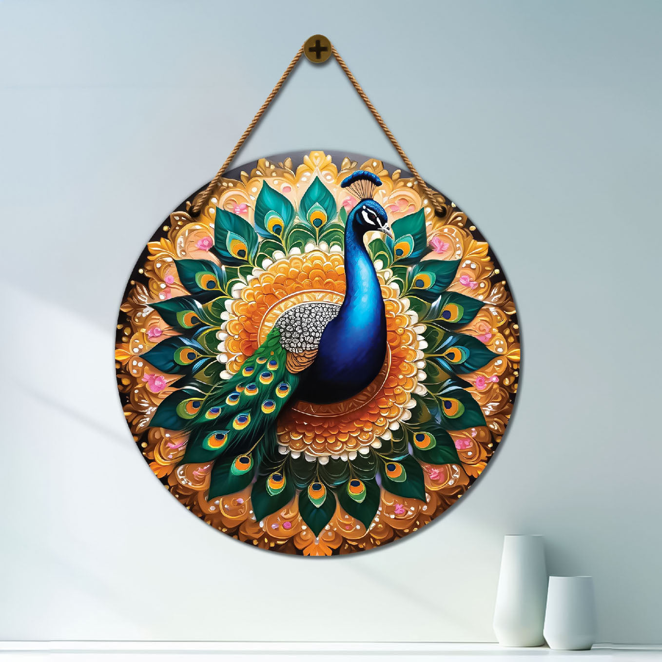 Peacock in green and golden mandala Round Wooden Wall Hanging for wall Décor - Design - 209