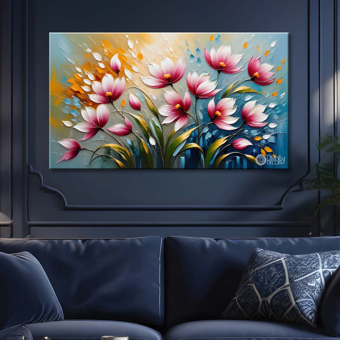 Pink flowers in blue background- Design - Flower-209