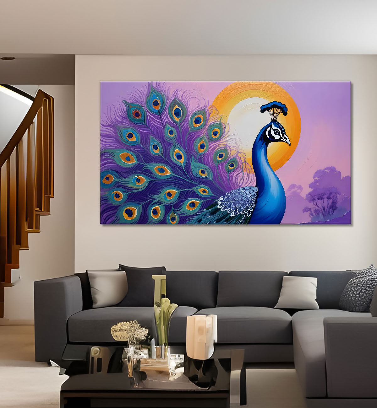 Peacock with sun rise background modern art Canvas Painting - Design - Peacock-20