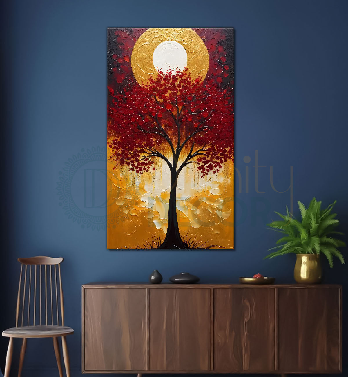 Red textured tree in front of sun with red textured oil painting Canvas painting - Tree-V-20