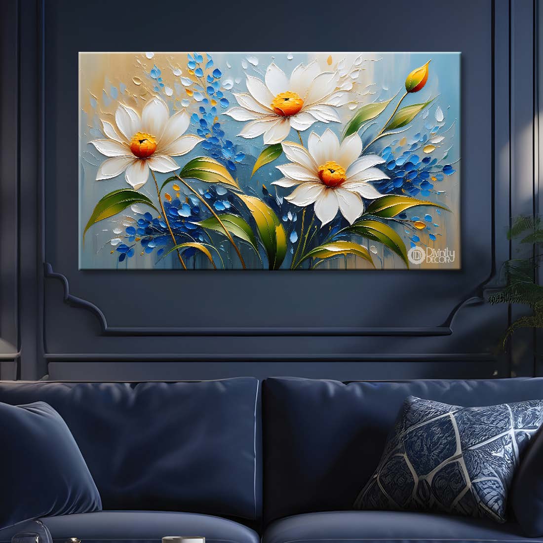 White flowers in blue background- Design - Flower-210