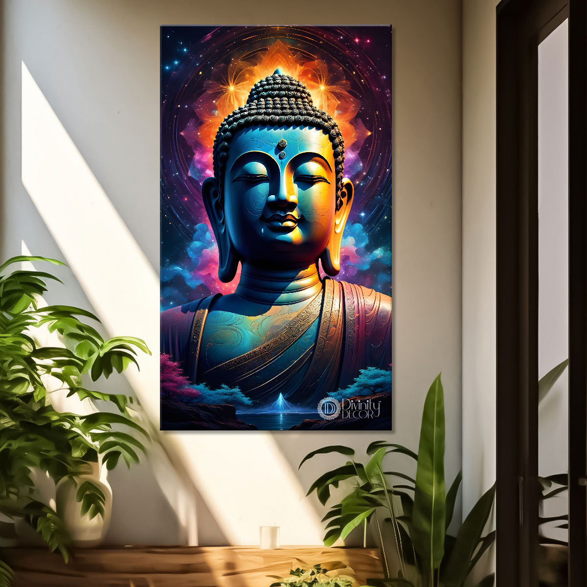 Blue face buddha with colourful and dark texturd oil painting Buddha-V-210