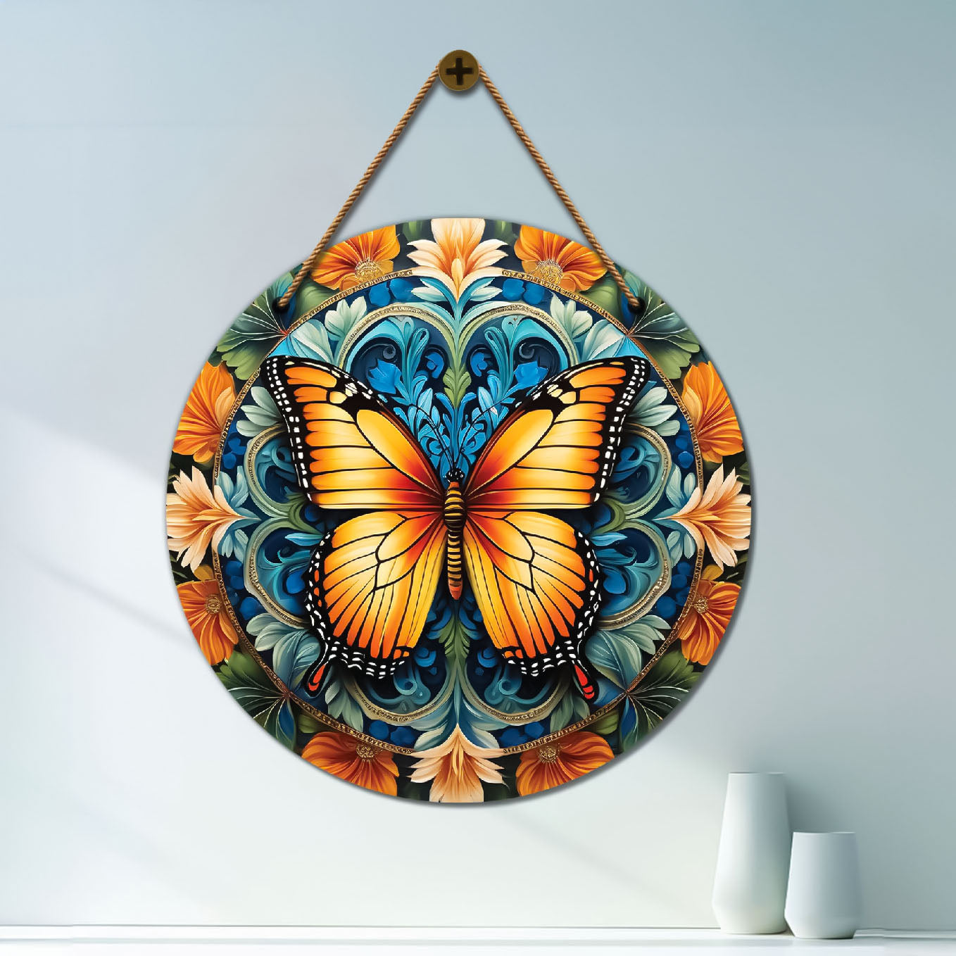 Butterfly in green and yellow mandala Round Wooden Wall Hanging for wall Décor - Design - 210