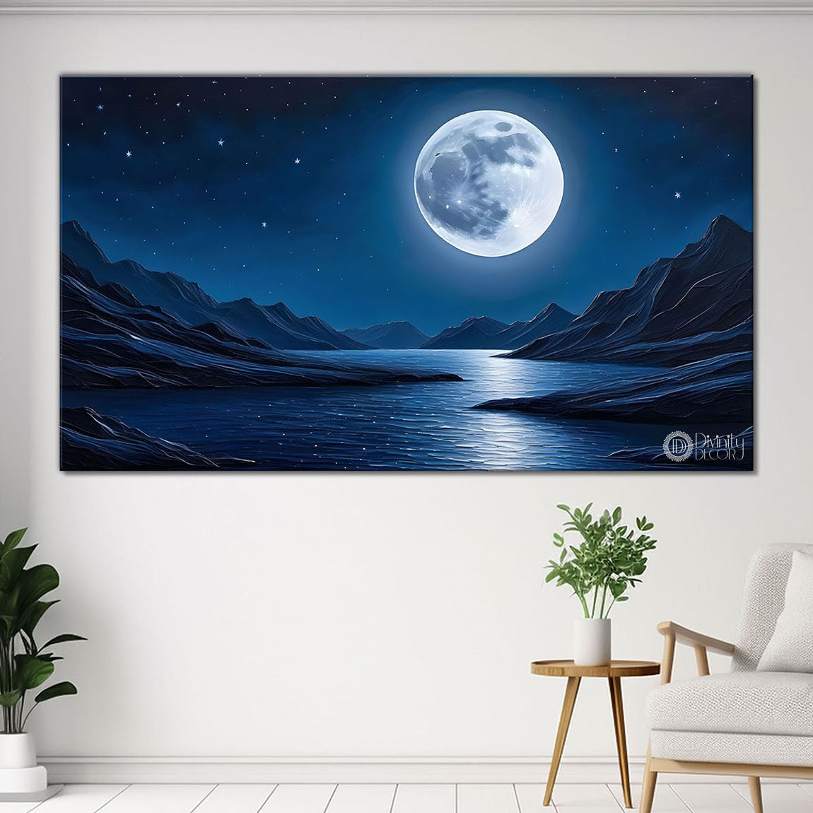 Mountains with river and moon painting Canvas Painting - Nature Art -210