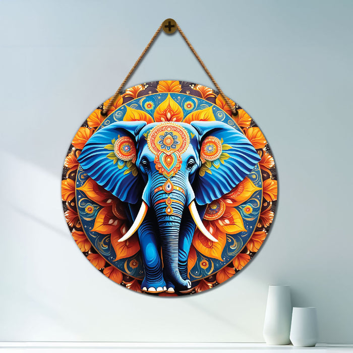 Elephant in green and orange mandala Round Wooden Wall Hanging for wall Décor - Design - 211